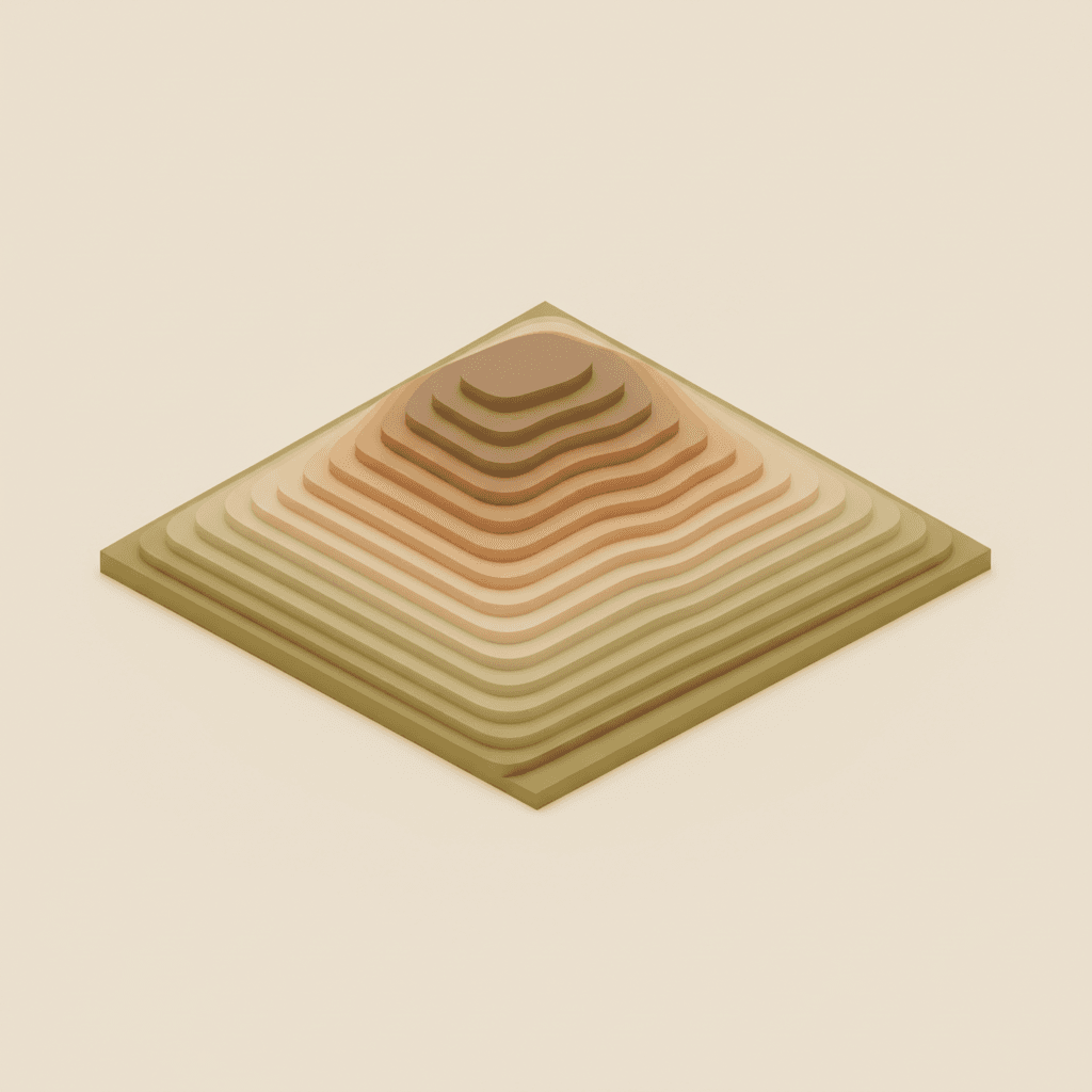 Isometric model of a ridge built from stacked contour layers in olive, ochre and sand